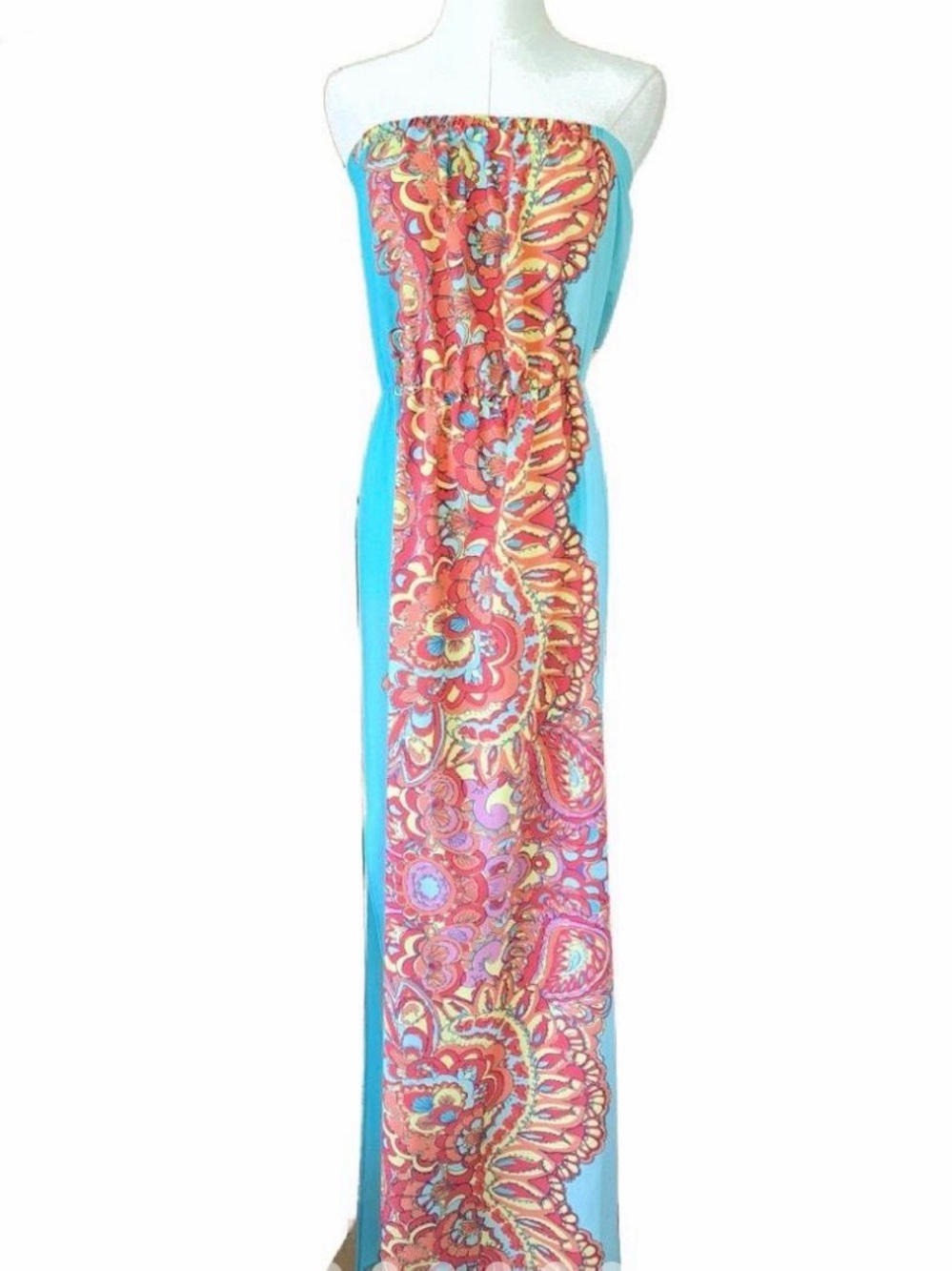 Lilly Pulitzer Turquoise Maxi Dress with Coral-Pink Paisley Panel